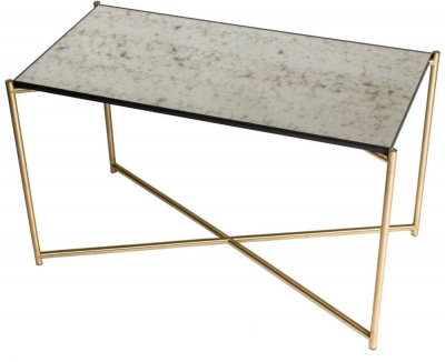 Product photograph of Gillmore Space Iris Antiqued Glass Top Rectangular Side Table With Brass Frame from Choice Furniture Superstore