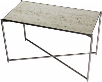 Product photograph of Gillmore Space Iris Antiqued Glass Top Rectangular Side Table With Gun Metal Frame from Choice Furniture Superstore