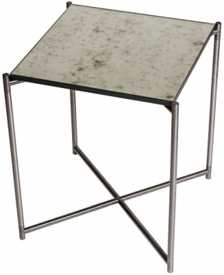 Product photograph of Gillmore Space Iris Antiqued Glass Top Square Side Table With Gun Metal Frame from Choice Furniture Superstore