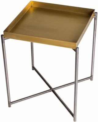 Product photograph of Gillmore Space Iris Brass Tray Top Square Side Table With Gun Metal Frame from Choice Furniture Superstore