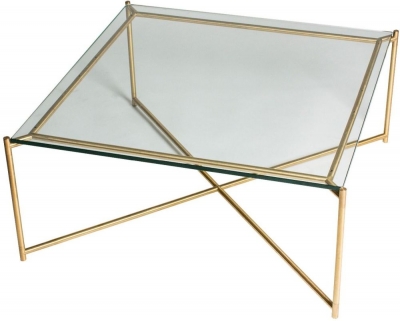 Product photograph of Gillmore Space Iris Clear Glass Top Square Coffee Table With Brass Frame from Choice Furniture Superstore