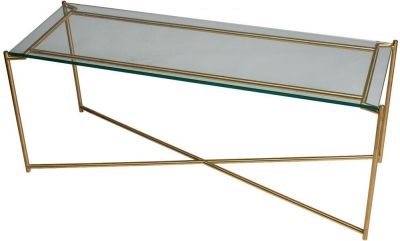 Product photograph of Iris Clear Glass Low Console Table With Brass Frame from Choice Furniture Superstore