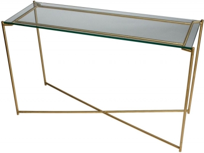 Product photograph of Iris Clear Glass Large Console Table With Brass Frame from Choice Furniture Superstore
