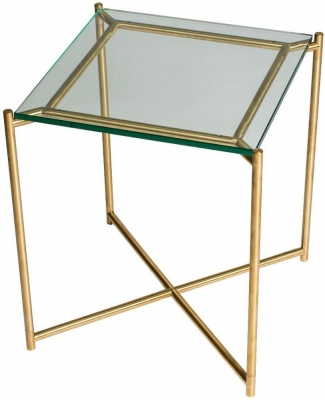 Product photograph of Gillmore Space Iris Clear Glass Top Square Side Table With Brass Frame from Choice Furniture Superstore