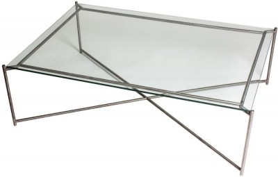 Product photograph of Gillmore Space Iris Clear Glass Top Rectangular Coffee Table With Gun Metal Frame from Choice Furniture Superstore