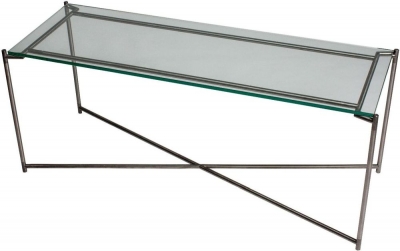 Product photograph of Iris Clear Glass Low Console Table With Gun Metal Frame from Choice Furniture Superstore