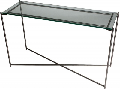 Product photograph of Iris Clear Glass Large Console Table With Gun Metal Frame from Choice Furniture Superstore