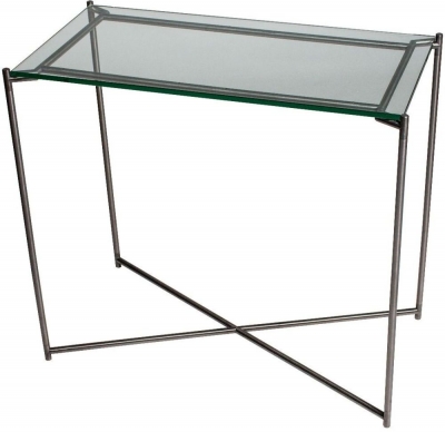 Product photograph of Gillmore Space Iris Clear Glass Top Small Console Table With Gun Metal Frame from Choice Furniture Superstore