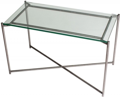 Product photograph of Gillmore Space Iris Clear Glass Top Rectangular Side Table With Gun Metal Frame from Choice Furniture Superstore