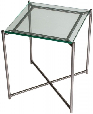 Product photograph of Gillmore Space Iris Clear Glass Top Square Side Table With Gun Metal Frame from Choice Furniture Superstore