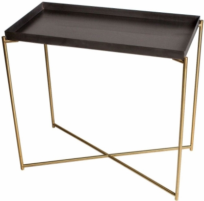 Product photograph of Gillmore Space Iris Gun Metal Tray Top Small Console Table With Brass Frame from Choice Furniture Superstore