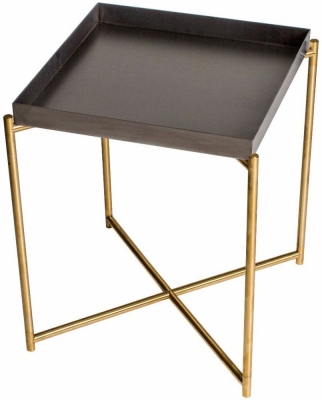 Product photograph of Gillmore Space Iris Gun Metal Tray Top Square Side Table With Brass Frame from Choice Furniture Superstore