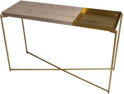 Product photograph of Gillmore Space Iris Weathered Oak Top Large Console Table With Small Brass Tray And Brass Frame from Choice Furniture Superstore