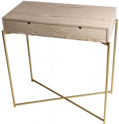 Product photograph of Gillmore Space Iris Weathered Oak Top 1 Drawer Small Console Table With Brass Frame from Choice Furniture Superstore