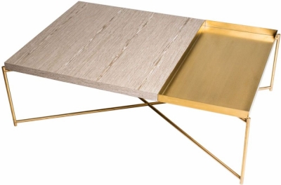 Product photograph of Gillmore Space Iris Weathered Oak Top Rectangular Coffee Table With Brass Tray And Brass Frame from Choice Furniture Superstore