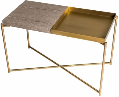 Product photograph of Gillmore Space Iris Weathered Oak Top And Brass Tray Rectangular Side Table With Brass Frame from Choice Furniture Superstore