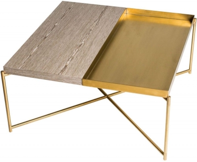 Product photograph of Gillmore Space Iris Weathered Oak Top Square Coffee Table With Brass Trays And Brass Frame from Choice Furniture Superstore