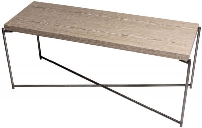 Product photograph of Iris Weathered Oak Low Console Table With Gun Metal Frame from Choice Furniture Superstore