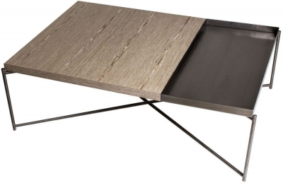 Product photograph of Gillmore Space Iris Weathered Oak Top Rectangular Coffee Table With Gun Metal Tray And Frame from Choice Furniture Superstore