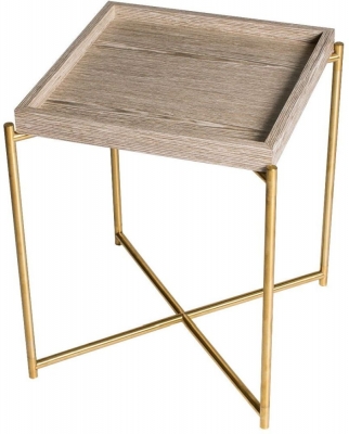 Product photograph of Gillmore Space Iris Weathered Oak Tray Top Square Side Table With Brass Frame from Choice Furniture Superstore