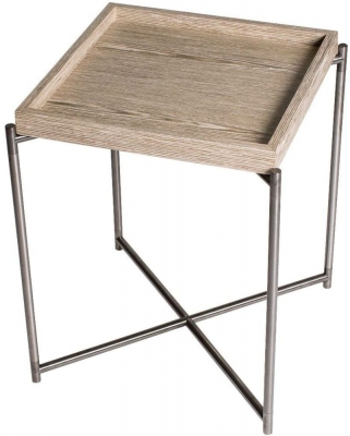 Product photograph of Gillmore Space Iris Weathered Oak Tray Top Square Side Table With Gun Metal Frame from Choice Furniture Superstore