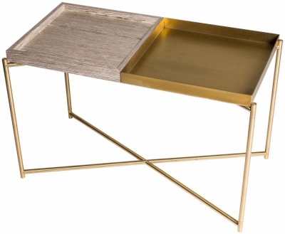 Product photograph of Gillmore Space Iris Weathered Oak And Brass Tray Rectangular Side Table With Brass Frame from Choice Furniture Superstore