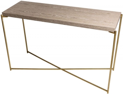 Product photograph of Gillmore Space Iris Weathered Oak Large Console Table With Brass Frame from Choice Furniture Superstore