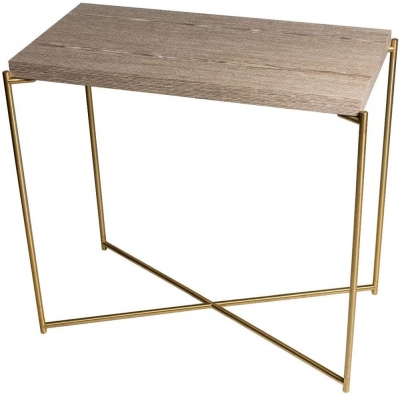 Product photograph of Gillmore Space Iris Weathered Oak Small Console Table With Brass Frame from Choice Furniture Superstore