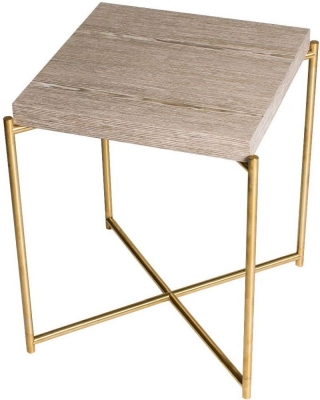 Product photograph of Gillmore Space Iris Weathered Oak Top Square Side Table With With Brass Frame from Choice Furniture Superstore