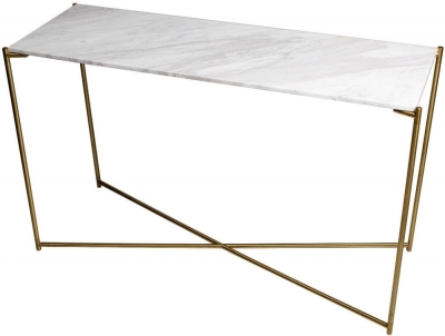 Product photograph of Gillmore Space Iris White Marble Top With Brass Frame Large Console Table from Choice Furniture Superstore