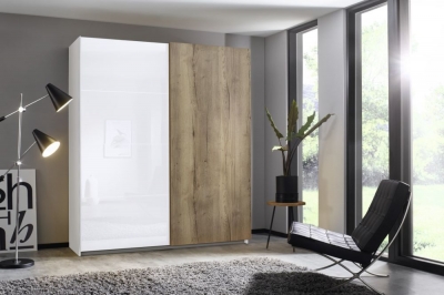 Product photograph of Halifax 2 Door Sliding Wardrobe In Alpine White And Glass White With Oak - W 181cm from Choice Furniture Superstore