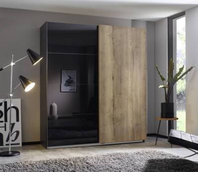 Product photograph of Rauch Halifax 181cm Glass Basalt And Oak 2 Door Sliding Wardrobe - Metallic Grey Carcase from Choice Furniture Superstore