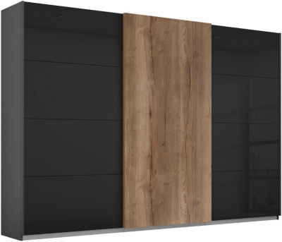 Product photograph of Halifax 3 Door Sliding Wardrobe In Metallic Grey And Glass Basalt With Oak - W 271cm from Choice Furniture Superstore