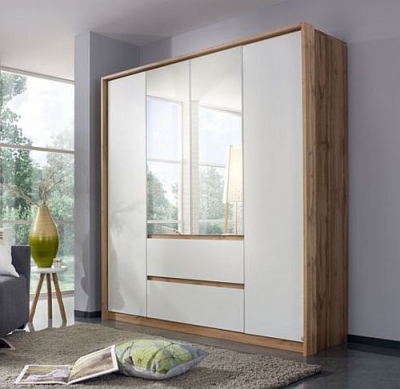Rauch Mainz Wotan Oak And Alpine White 4 Door 2 Drawer Combi Wardrobe With 2 Mirror Front 181cm