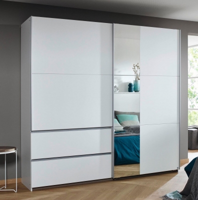 Product photograph of Sevilla Alpine White 2 Door 2 Drawer Combi Sliding Wardrobe With Aluminium Handle Strips And Mirror Panel - 218cm from Choice Furniture Superstore