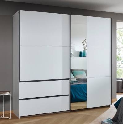 Product photograph of Sevilla Alpine White 2 Door 2 Drawer Combi Sliding Wardrobe With Metallic Grey Handle Strips And Mirror Panel - 218cm from Choice Furniture Superstore