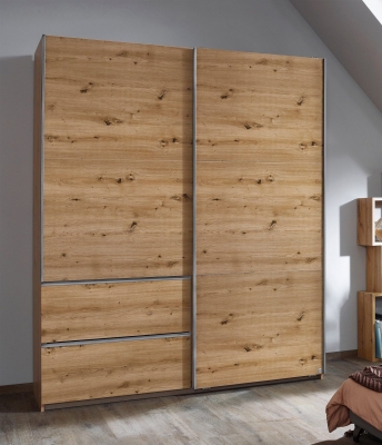 Product photograph of Sevilla Artisan Oak 2 Door 2 Drawer Combi Sliding Wardrobe With Aluminium Handle Strips - 175cm from Choice Furniture Superstore