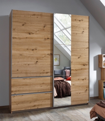 Product photograph of Sevilla Artisan Oak 2 Door 2 Drawer Combi Sliding Wardrobe With Aluminium Handle Strips And Mirror Panel - 175cm from Choice Furniture Superstore
