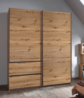 Product photograph of Sevilla Artisan Oak 2 Door 2 Drawer Combi Sliding Wardrobe With Metallic Grey Handle Strips - 175cm from Choice Furniture Superstore