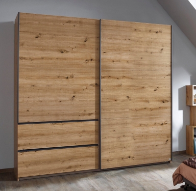 Product photograph of Sevilla Artisan Oak 2 Door 2 Drawer Combi Sliding Wardrobe With Metallic Grey Handle Strips - 218cm from Choice Furniture Superstore