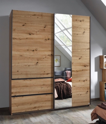 Product photograph of Sevilla Artisan Oak 2 Door 2 Drawer Combi Sliding Wardrobe With Metallic Grey Handle Strips And Mirror Panel - 175cm from Choice Furniture Superstore