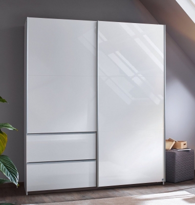 Product photograph of Sevilla High Gloss Alpine White 2 Door 2 Drawer Combi Sliding Wardrobe With Aluminium Handle Strips - 175cm from Choice Furniture Superstore