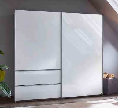 Product photograph of Sevilla High Gloss Alpine White 2 Door 2 Drawer Combi Sliding Wardrobe With Aluminium Handle Strips - 218cm from Choice Furniture Superstore