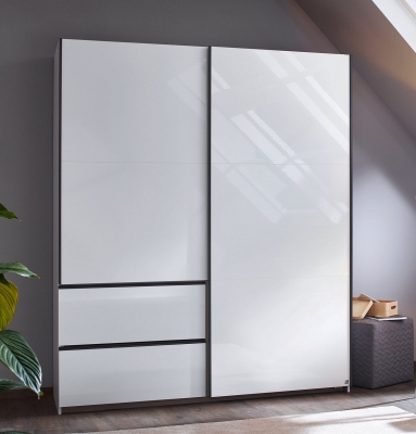 Product photograph of Sevilla High Gloss Alpine White 2 Door 2 Drawer Combi Sliding Wardrobe With Metallic Grey Handle Strips - 175cm from Choice Furniture Superstore