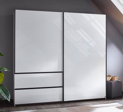 Product photograph of Sevilla High Gloss Alpine White 2 Door 2 Drawer Combi Sliding Wardrobe With Metallic Grey Handle Strips - 218cm from Choice Furniture Superstore