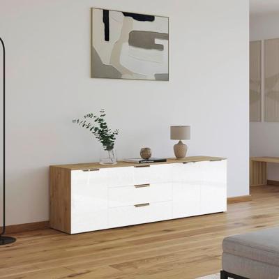 Rauch Flipp 3 Door Sideboard With Adjustable Height 199cm Artisan Oak And White Glass