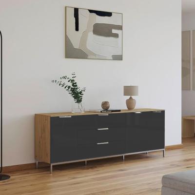 Rauch Flipp 3 Door Sideboard With Metal Base 199cm Artisan Oak And Basalt Glass