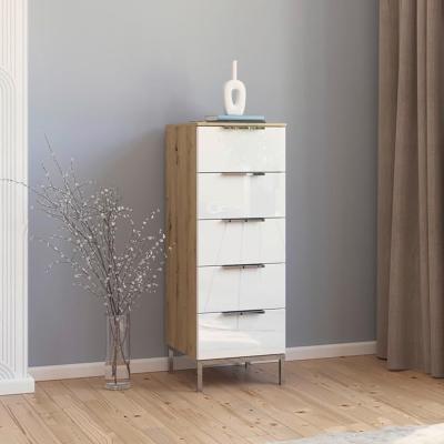 Rauch Flipp 5 Drawer Tall Chest With Metal Base Artisan Oak And White Glass