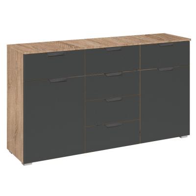Rauch Aditio 2 Door Medium Sideboard with 6 Drawer - 120cm - Sonoma Oak and Metallic Dark Grey