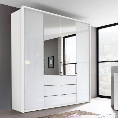 Rauch Erimo 204cm 4 Door Combi Wardrobe with 3 Drawer - Alpine White and Crystal White Glass